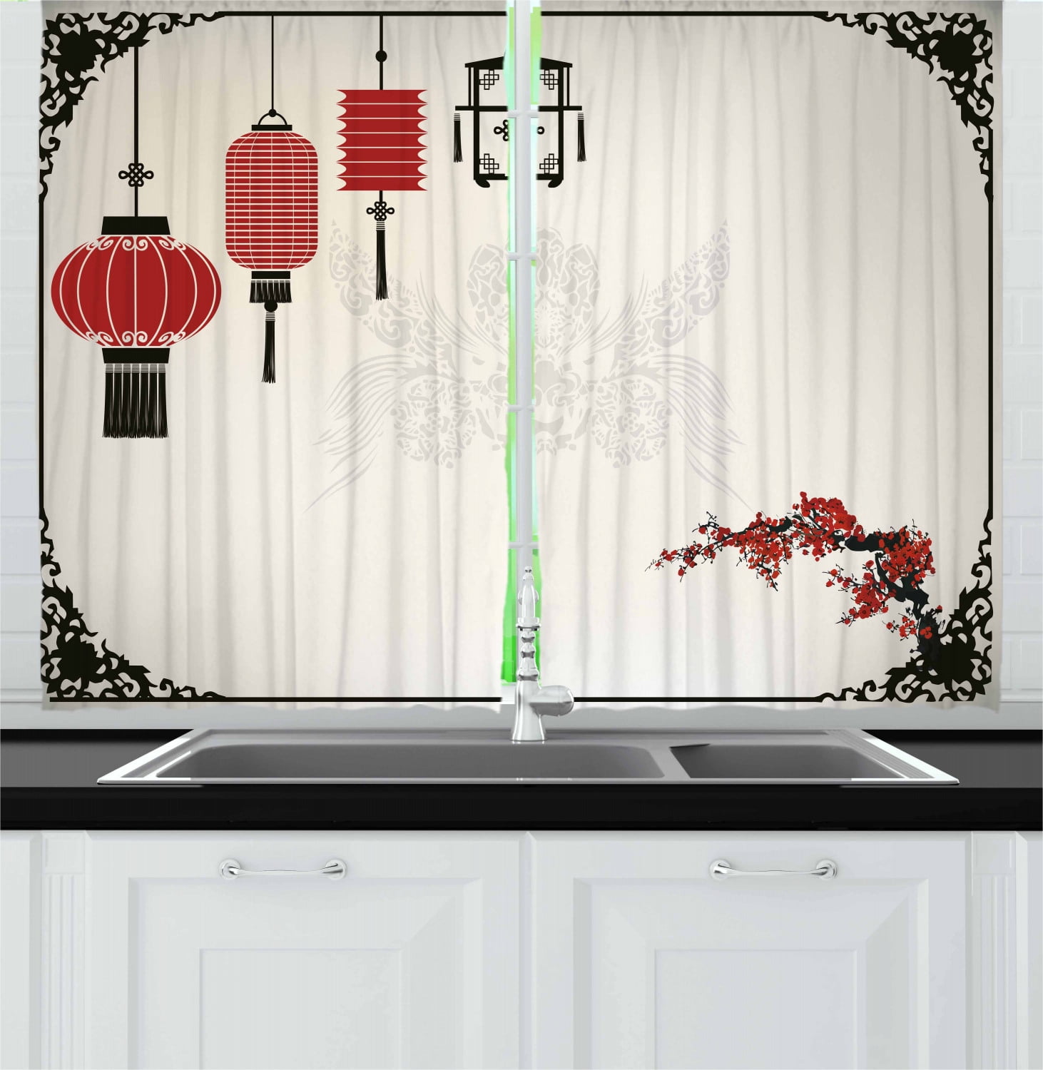 Lantern Curtains 2 Panels Set Minimalist Chinese New Year Themed Pattern Eastern Parts Of The World Print Window Drapes For Living Room Bedroom 55w X 39l Inches Black White Red By Ambesonne