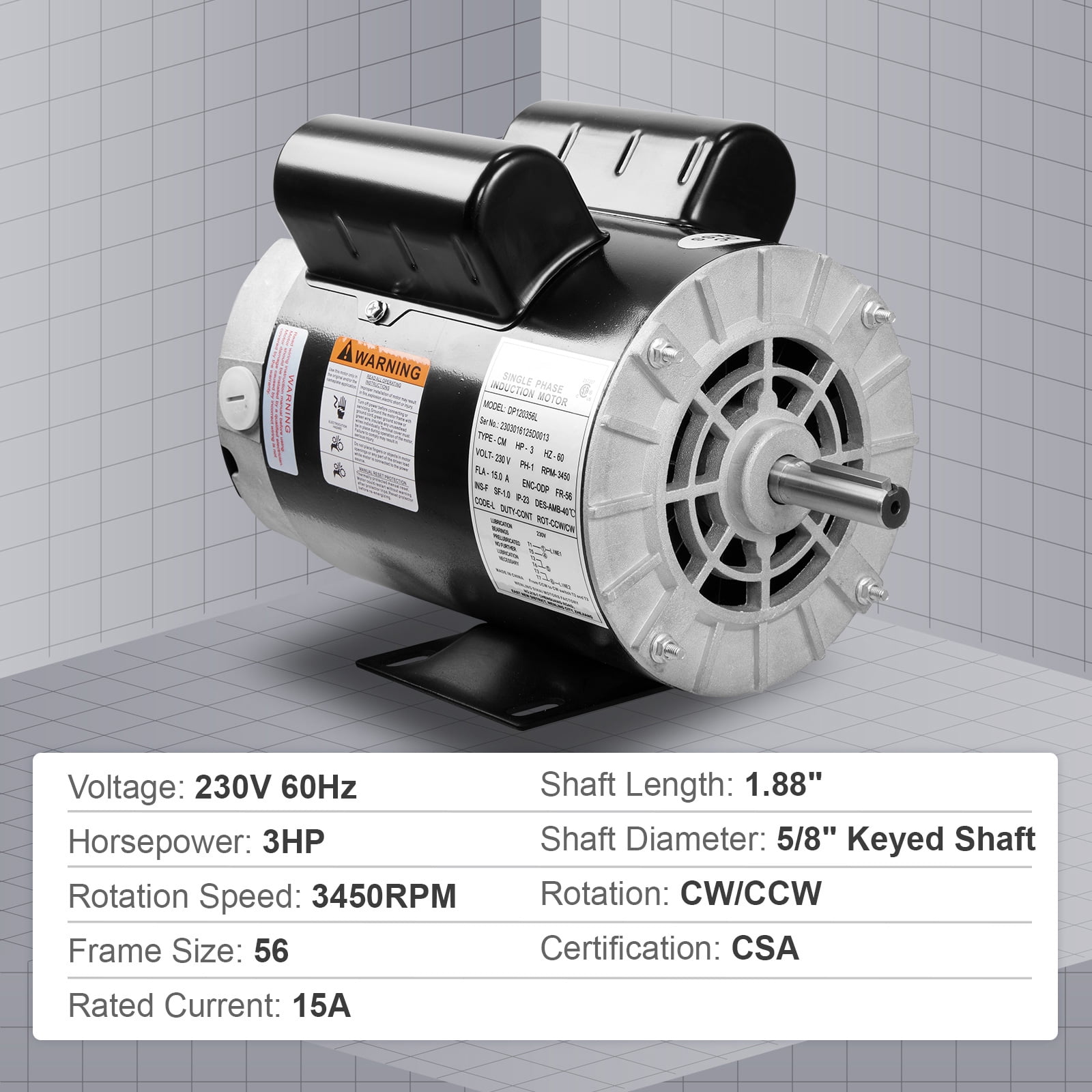 SKYSHALO 3HP Air Compressor Electric Motor 230V FLA 15A 56 Frame CW/CCW Rotation