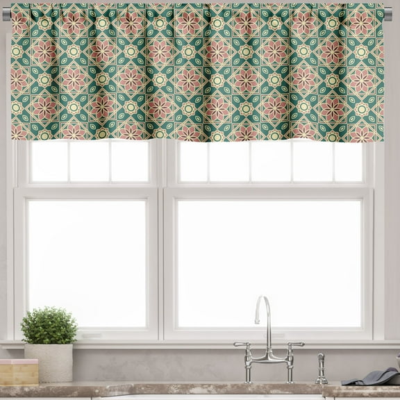 Ambesonne Eastern Valance Pack of 2, Mosaic Florets Chevron, 54"X12", Forest Green Pale Pink