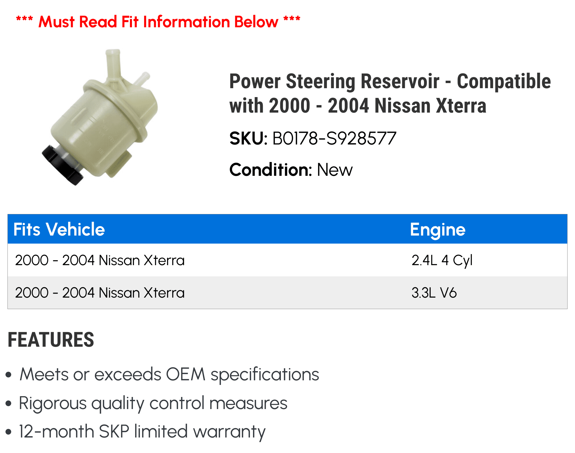 Power Steering Reservoir - Compatible with 2000 - 2004 Nissan Xterra 2001 2002 2003