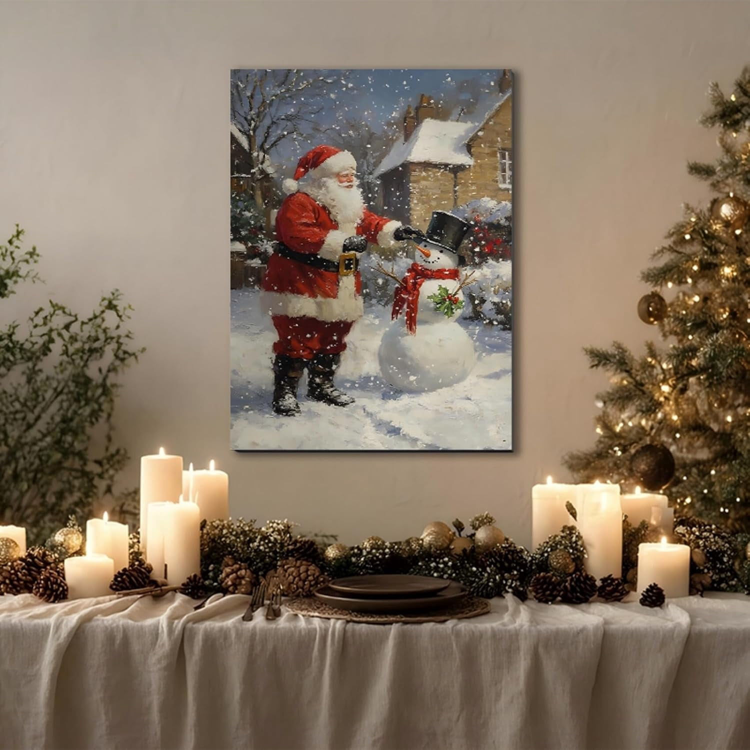 Christmas Wall Art Prints, Winter Christmas Picture Wall Decor Santa Snowman Canvas Artwork for Bathroom, Snow Scene Street Aesthetic Posters for Bedroom, Christmas Holiday Decor