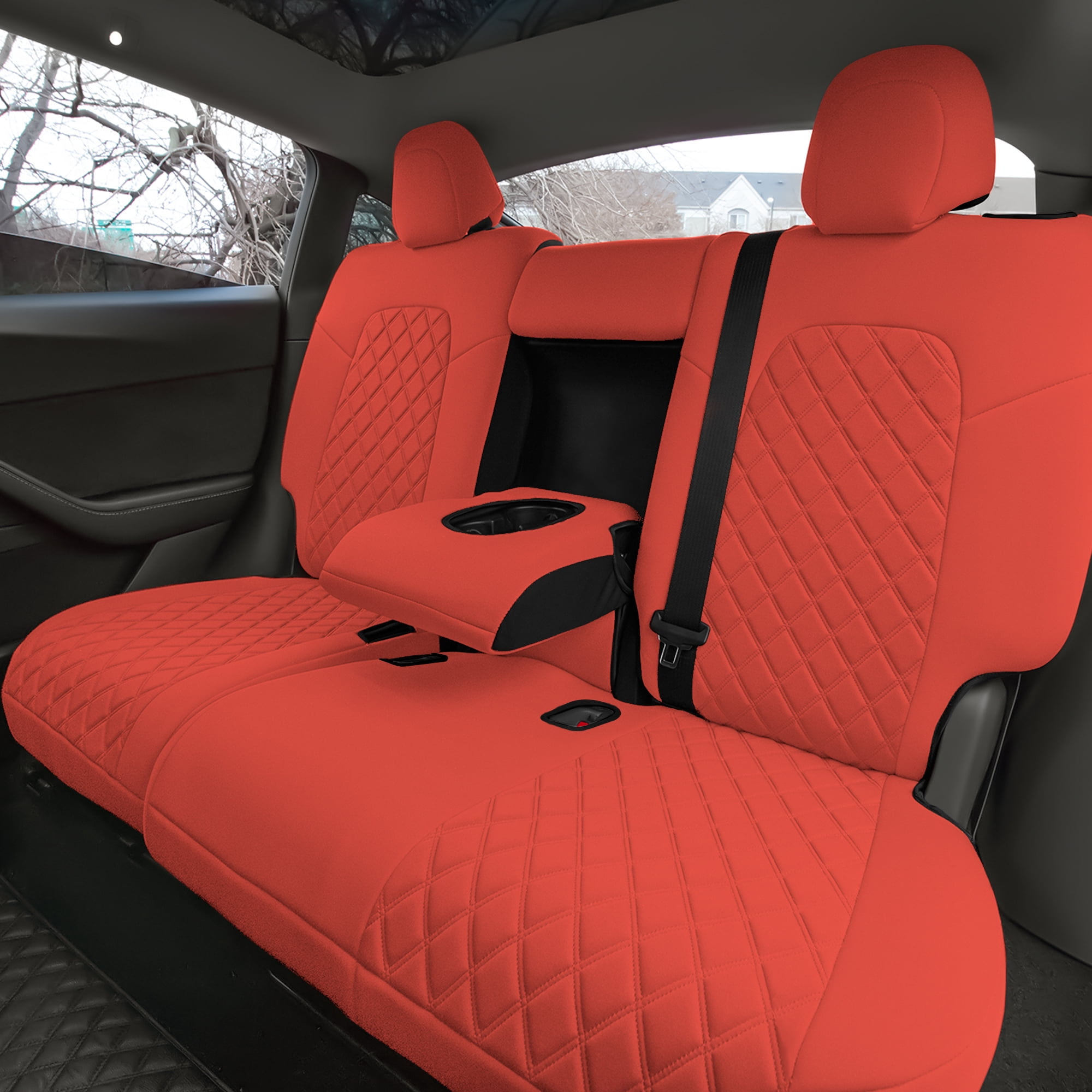 FH Group Custom Fit Neoprene Car Seat Cover for 2020-2024 Tesla Model Y,  Solid Beige Rear Set Seat Covers with Air Freshener 
