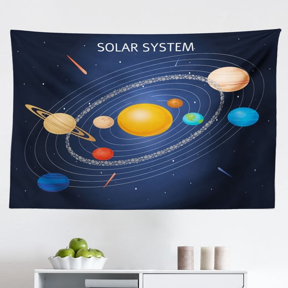 Astronomy Tapestry, Flying Rocket on Space with Moon, Fabric Wall Hanging Decor for Bedroom Living Room Dorm, 2 Sizes, Dark Night Blue Cream, by Ambesonne