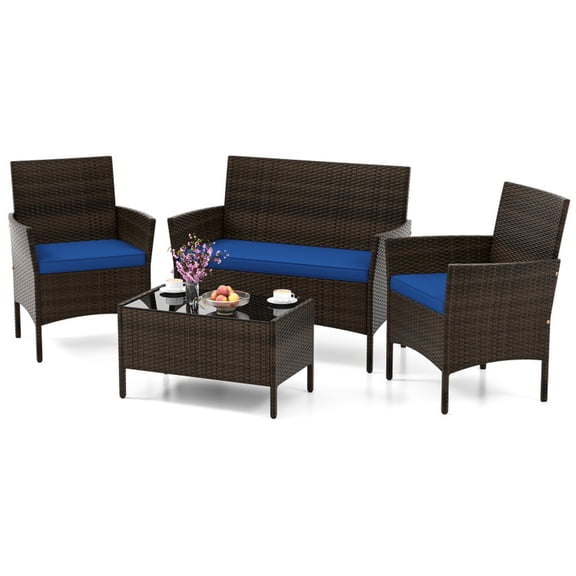 Furnibear 4 Piece Patio Rattan Conversation Set Outdoor Wicker Furniture Set with Cozy Seat Cushions and Glass Table for Porch Backyard, Navy