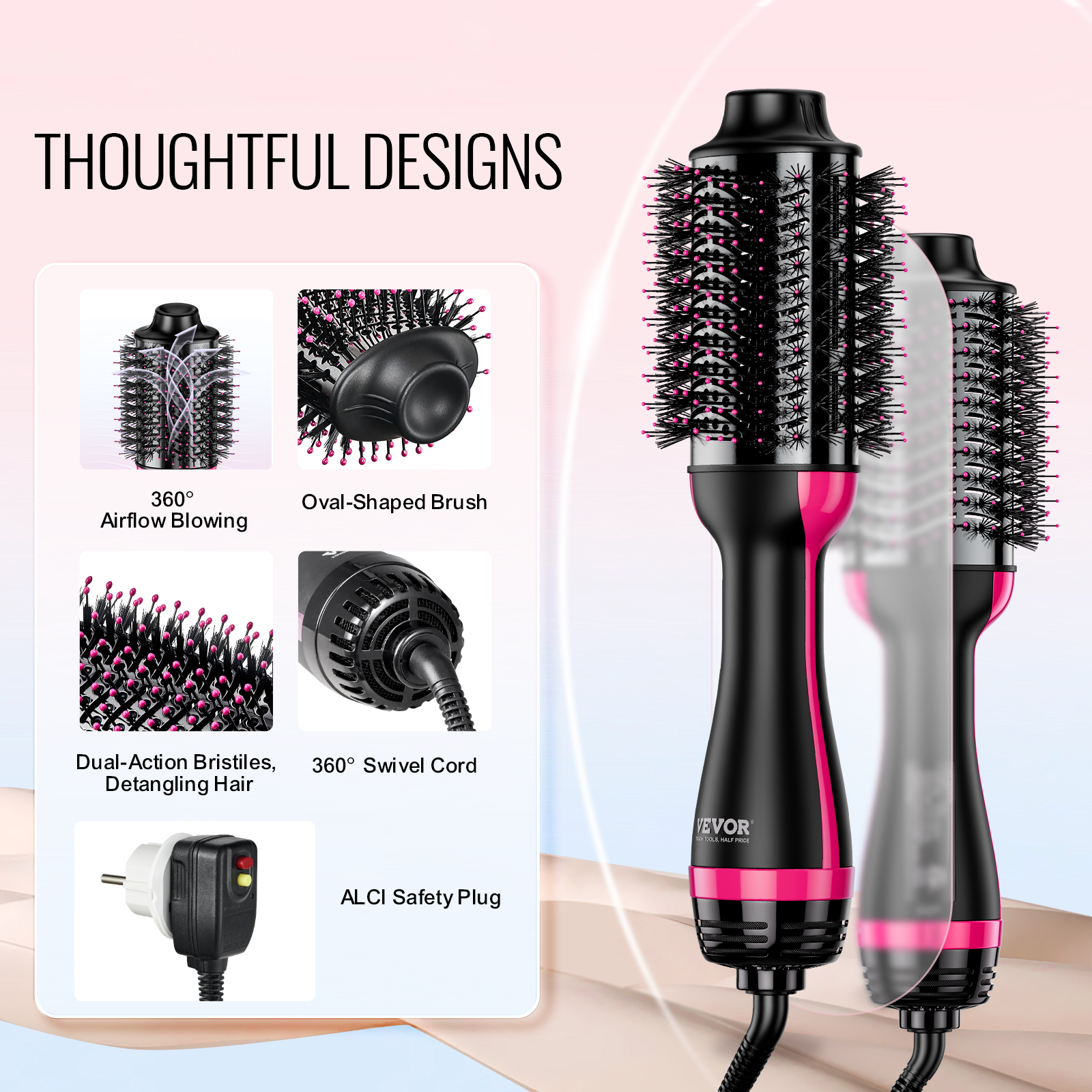 VEVOR Hair Blow Dryer Brush,4 in 1 Ionic Hair Styler and Volumizer with Electroplated Titanium & 2.95" Ceramic Coating Oval Barrel,Dual Voltage 110V/240V Hot Air Styling Brush for Salon Home Travel