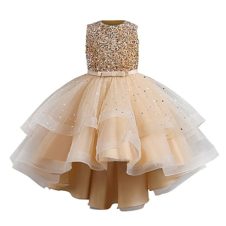 

BAYAIXZ Girls Sequins Puffy Yarn Trailing Dress Princess Dress Gowns Dresses Piano Performance Dresses (Gold 130)