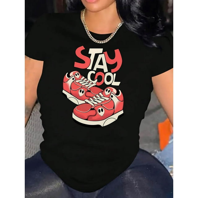 Camiseta De Verano Para Mujer, Ropa De Calle, Cuello Redondo, Para Acampar, Mochilero, TrabajoWomen's "Stay Cool" Graphic Tee - White Casual Round Neck Short Sleeve T-Shirt with Red Sneaker Design,