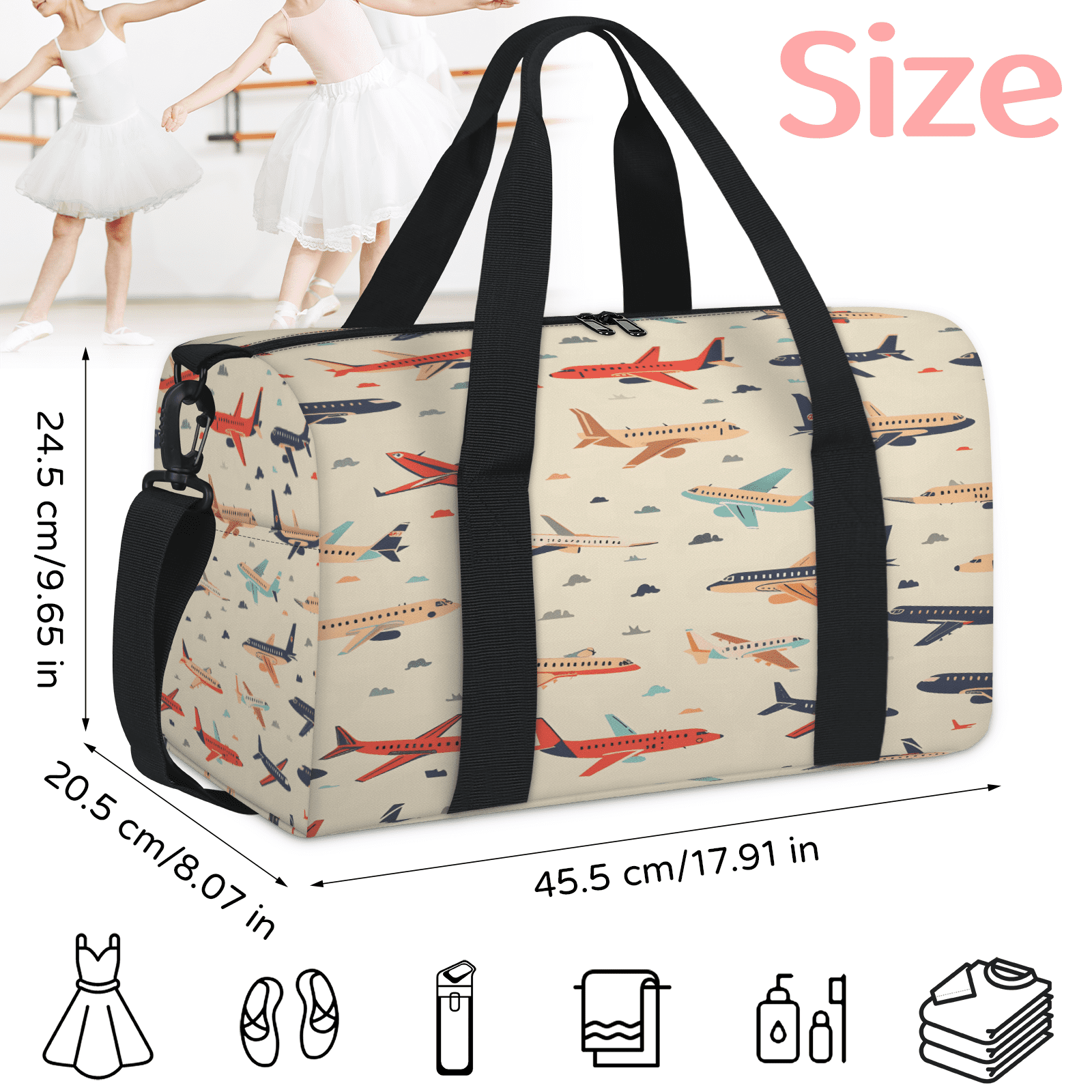 Herdesigns Airplane Travel Duffle Bag Sports Yoga Weekender Overnight Carry on Workout Bags Lightweight Waterproof Gym Tote Bag for Women