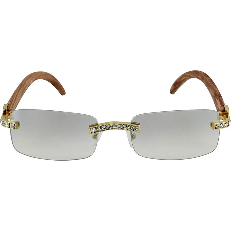 piscm Retro Wood Temple Sunglasses,Clear Sunglasses Rimless Rectangle  Sunglasses for Men Women Frameless Square Sun Glasses