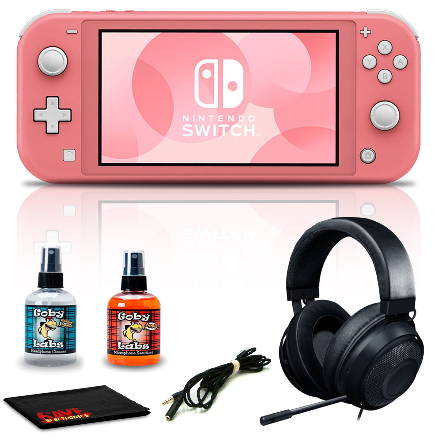Nintendo Switch Lite Coral with Razer Kraken Multi Wired Headset 6Ave Cleaning Kit -