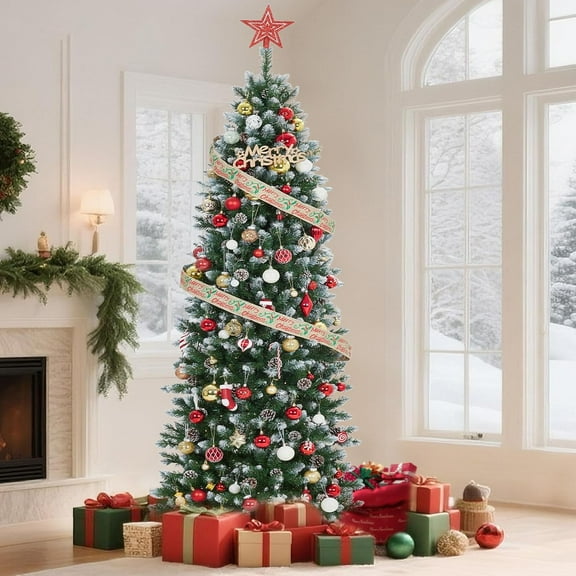 Huisuilinss Flocked Pencil Christmas Tree,Pre-Lit Artificial Christmas Tree,Artificial Xmas Tree With Metal Stand,Slim Holiday Decoration For Home Party Office Holiday Decoration