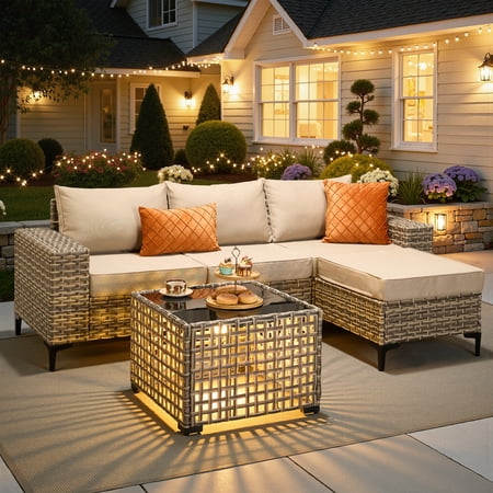 Vcatnet Outdoor Patio Furniture 5 Pieces Wicker Conversation Set Sectional Sofa with Coffee Table and Ottoman, Beige