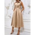 thumbnail image 4 of Khaki Solid Minimalist Stand Collar Sleeveless A-Line Midi Dress For Women, 4 of 7
