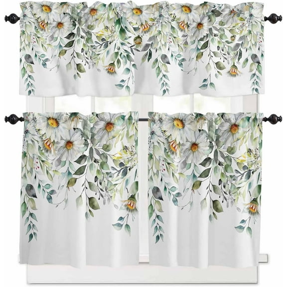 Spring Summer Curtain Set 3PCS Rod Pocket Pastoral Eucalyptus Leaves Daisy Flowers Green Tier & Valance Set for Windows Kitchen Cafe Curtains 36 Inch Length