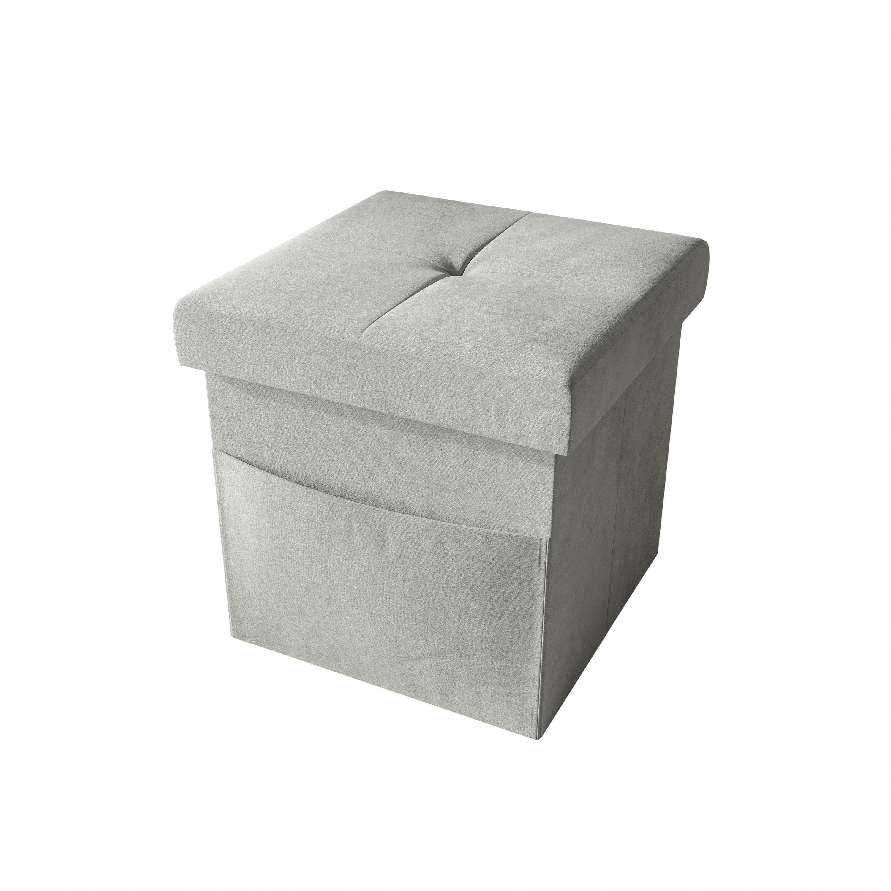 Home Design Chico 12" Tufted Upholstered Folding Storage Bench with Deep Cushion and Front Pocket, Multi-Purpose Rectangular Design for Bedroom, Entryway, or Living Room, Light Gray