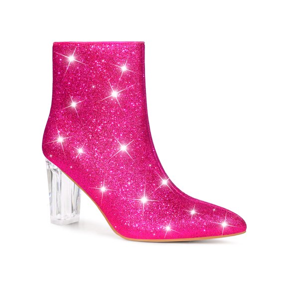 Perphy Clear Block Heel Sparkly Glitter Ankle Boots for Women Hot Pink (Size 5.5)