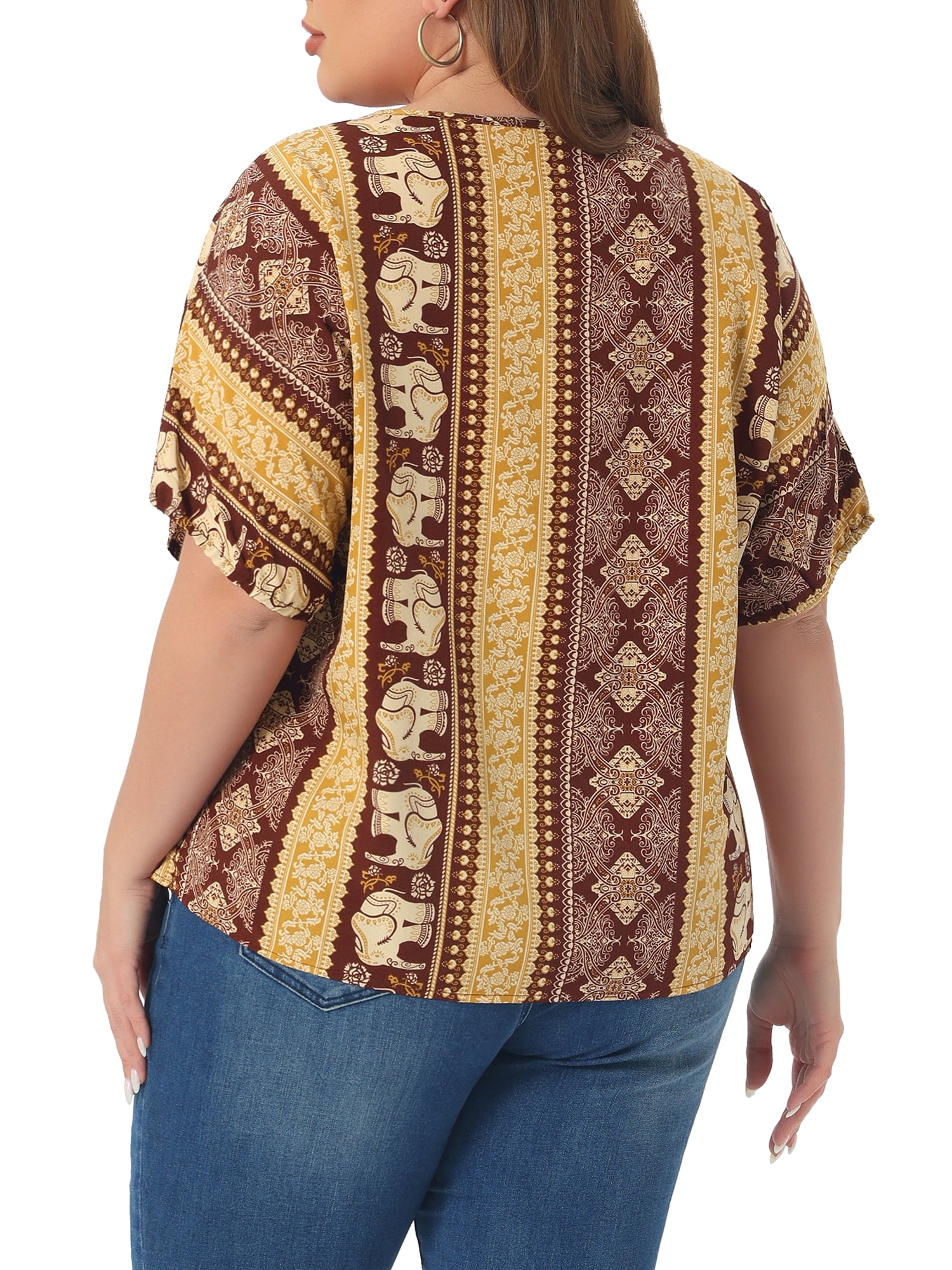DARING DIVA Women's Plus Boho Tops Floral Tied V Neck Blouse Shirts 2X Brown