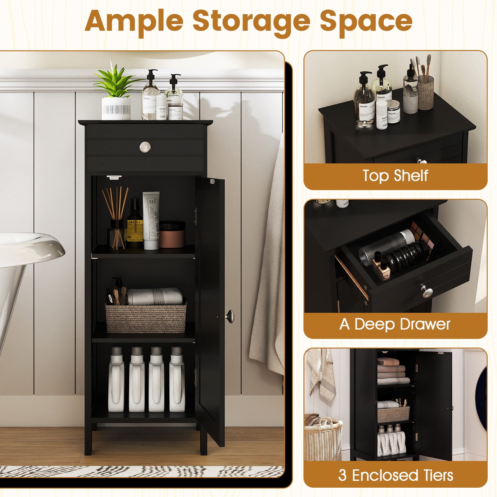 Costway Bathroom Storage Floor Cabinet Organizer Free-Standing w/ Drawer Black