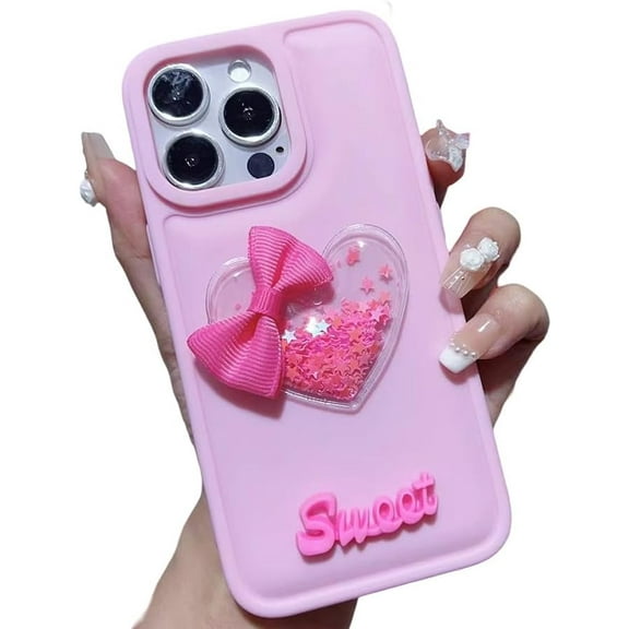 Designed for iPhone Case,Cute Bubble 3D Love Heart Quick Sand Bow Silicone Shockproof Protective Cover Phone Case (iPhone 11 Pro,Pink)