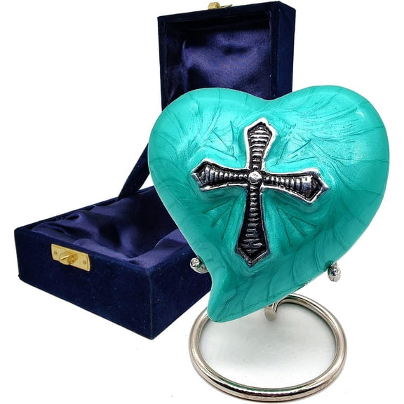 Cross Heart Cremation Urn for Human Ashes Adult | Funeral Decorative Religious Urns for Women and Men Carefully Handcrafted Keepsake Cremation Heart Shaped Urn Comes with Stand & Gift Box SEA GREEN