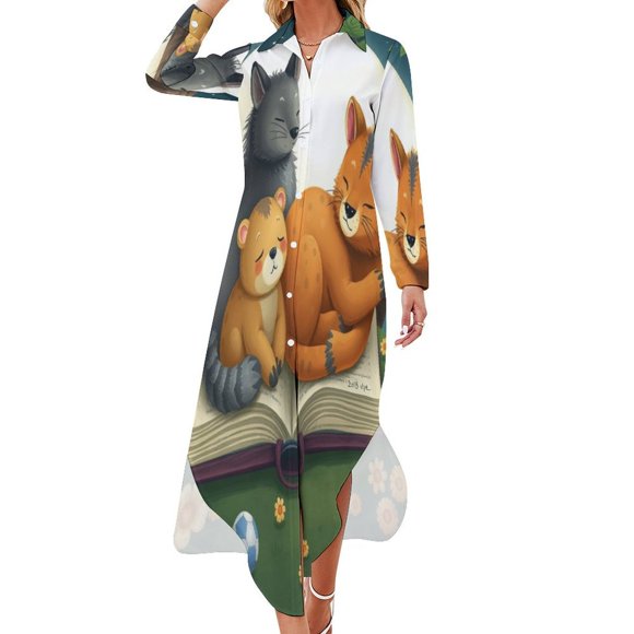 Animals Sleeping Book Chiffon Dress V Neck Dresses Women Casual Dress