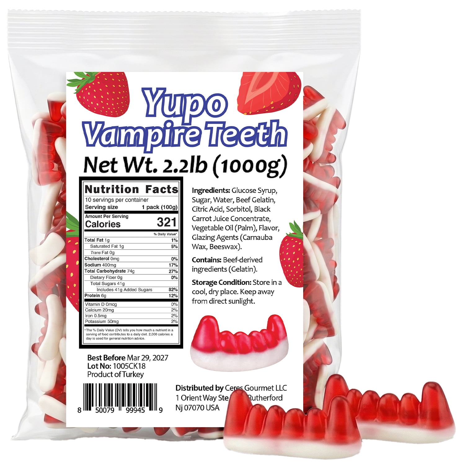 Ulker Yupo Vampire Teeth Gummy Candy Soft and Chewy Fruit Flavored Halloween Novelty Bulk 35.2 Oz (1000 g)
