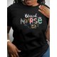 thumbnail image 1 of 1pc Women'S Casual Crew Neck T-Shirt with "Blessed Nurse" Floral Design, Fashionable Short Sleeve Knit Polyester Top, Comfortable All-Season Wear, 1 of 6
