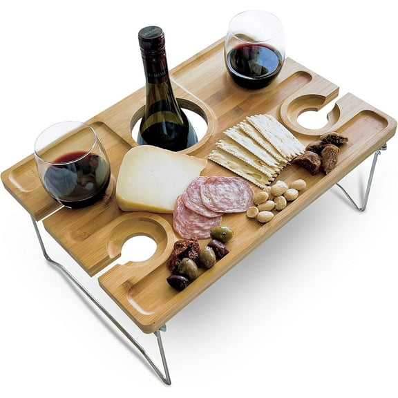 Portable Bamboo Wine Picnic Table – Folding Outdoor Snack & Cheese Tray with 4 Glass Holders – Ideal Gift for Wine Lovers