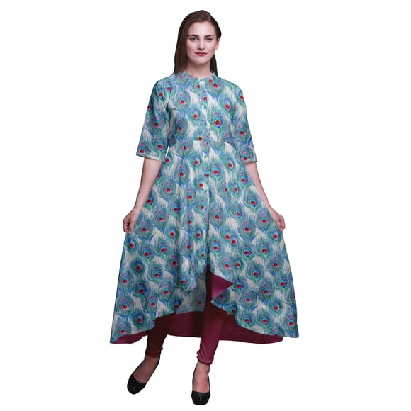 Bimba Blue Peacock Feather Printed Indian Kurtis For Women Party Wear Long Anarkali Kurta Indian Kurti-XXX-Large
