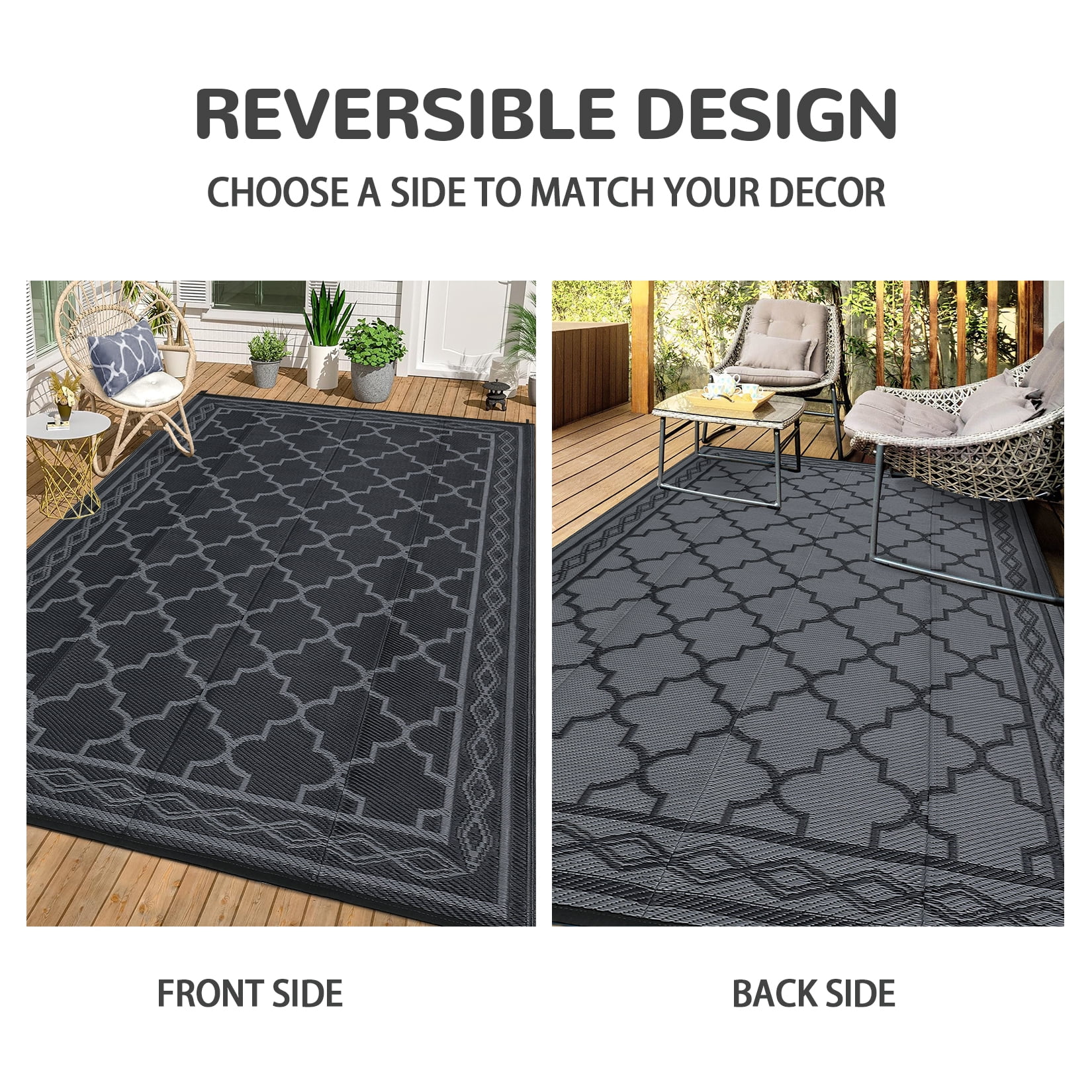 HIWEAVER 5' x 8' Black/Gray Outdoor Rug PP Plastic Straw Woven Waterproof Patio Rug with Border Portable Outside Carpet for Balcony Deck Picnic Garden Decor