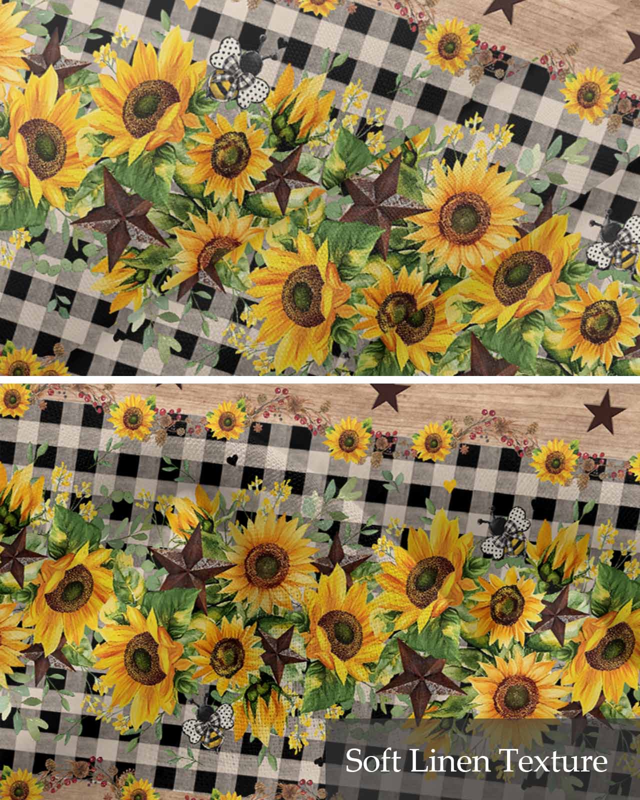 Spring Sunflower Kitchen Valances for Windows Farmhouse Linen Window Valance Curtain for Living Room Window Treatment Checkered Star Farmhouse Retro Valance Rod Pocket Topper Drape, 60 x 18 Inch