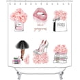 thumbnail image 2 of 4PCS Gold Glitter Hello Gorgeous Shower Curtain Sets, Watercolor Pink Floral Black and White Striped Perfume Makeup Modern Fashion Women Bathroom Decor, Non-Slip Bath Mat Toilet Rug, Hibiscus, 2 of 7