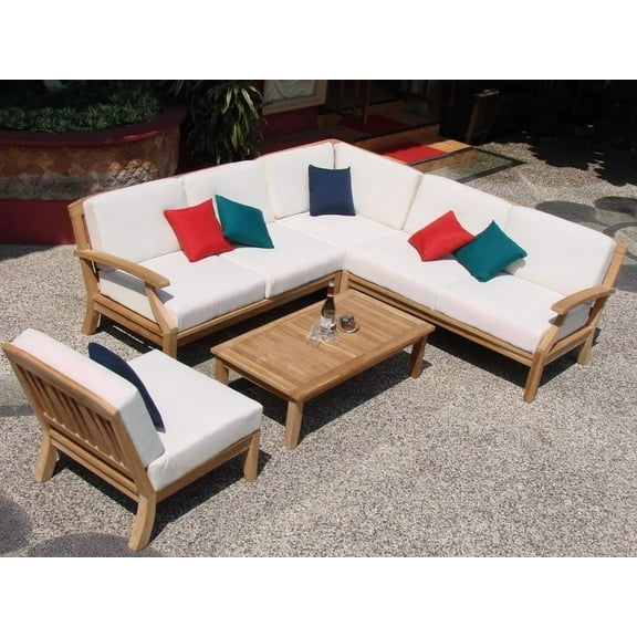 Samurai Sectional 5 Pc Sofa Set: 2 Sofas(Left & Right), Corner Piece, Lounge Chair & Coffee Table With Cushions in Sunbrela Fabric #57003 Canvas White