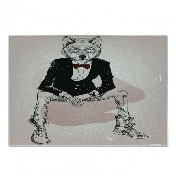Indie Cutting Board, Hipster Portrait of Sitting Wild Wolf Glasses Smart Casual Outfit, Decorative Tempered Glass Cutting and Serving Board, Small Size, Pale Pink Burgundy Black, by Ambesonne