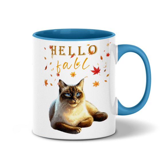 Hello Fall Siamese Enjoys Warm Campfire Autumn Night Bright Moon 11oz Accent Two-tone Mug Cat Lover Kitten Owner Gifts Coffee Tea Cup - 01008