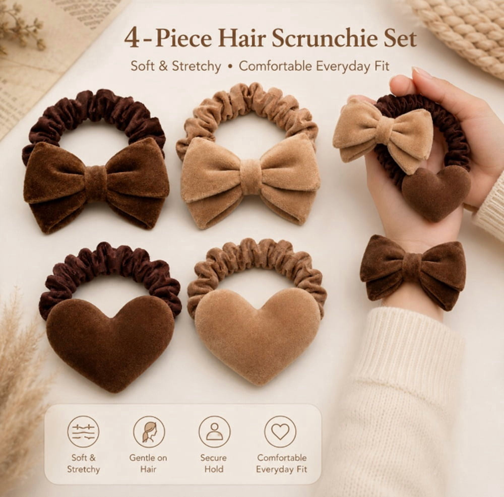 3pcs Bundle Of Beige Monogram Knot Headband and Brown Logo Scrunchie Set 3PCS Pure Color Wide Knotted Headbands Set - Elastic Hair  main image 3