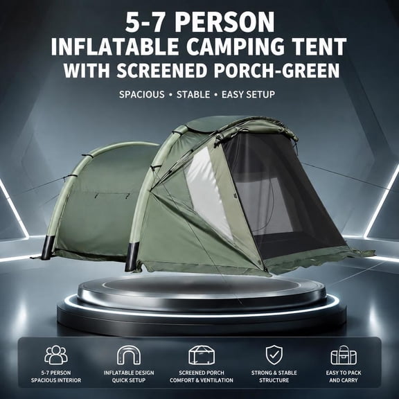 Inflatable Camping Tent, 5-7 Person, Screened Porch, Green, Mesh Windows, Waterproof Tarpaulin