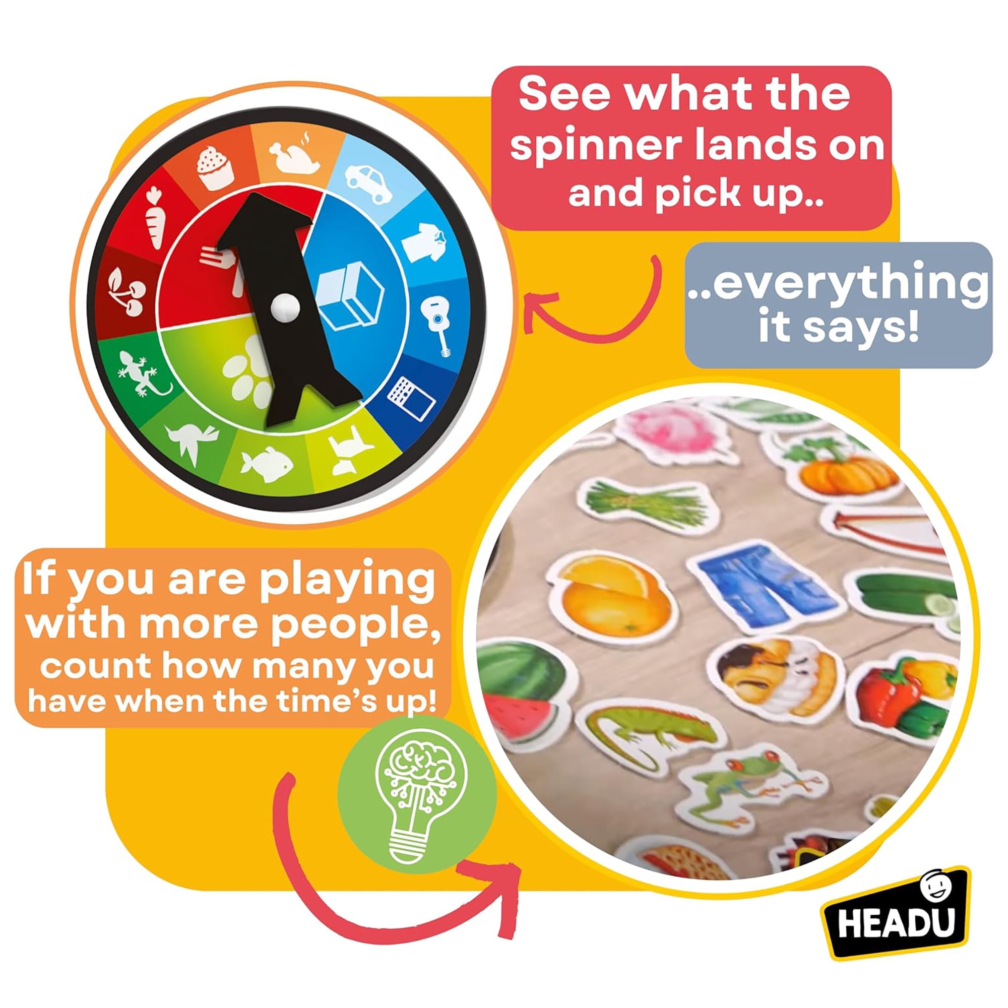 Headu: ObservAction - Concentration & Logic Game, Race To Gather Object Titles That Match The Spinner Category, Visual Memory & Speed Play, Kids 5-10