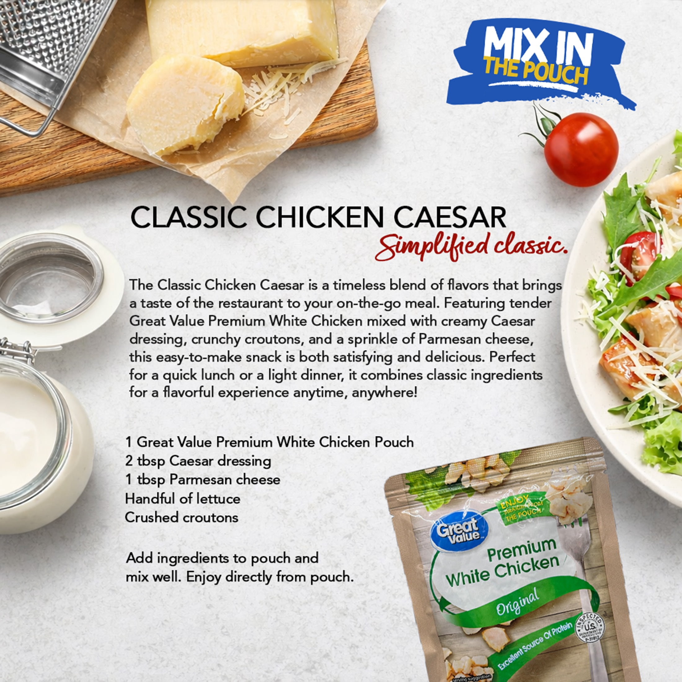 Great Value Premium White Chicken, 2.6 oz Pouch, Fully Cooked, Ready to Eat (Shelf-Stable)