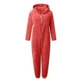 thumbnail image 5 of LMOIPLI Women's Fashion Summer Clothes Hooded Pajamas Plush Warm Romper Lightweight Long Pants Soft Zipper Overalls Plain Color Sherpa Fuzzy Vintage Plush Warm Romper Fleece Plush Watermelon Red XL, 5 of 6