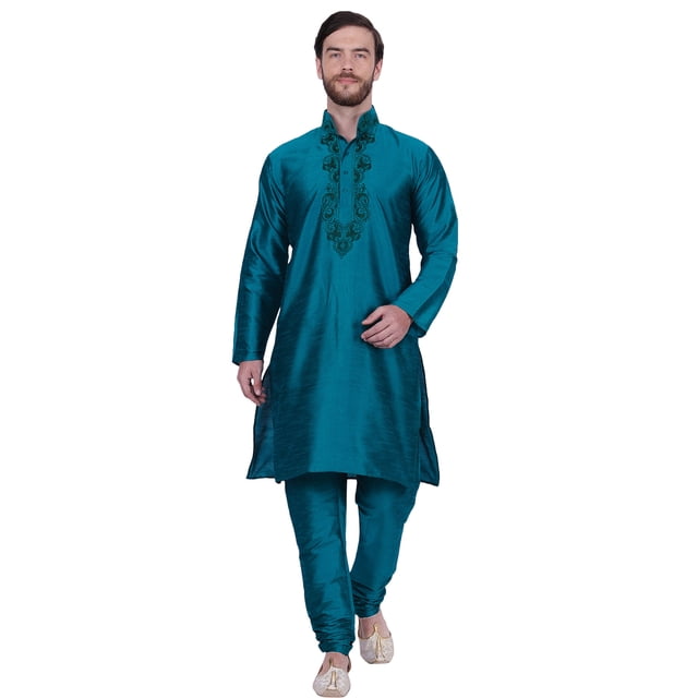 Ensemble Kurta-Pyjama en Soie Artistique pour Homme, Robe de Mariée, Vêtements Indiens (Turquoise, M)