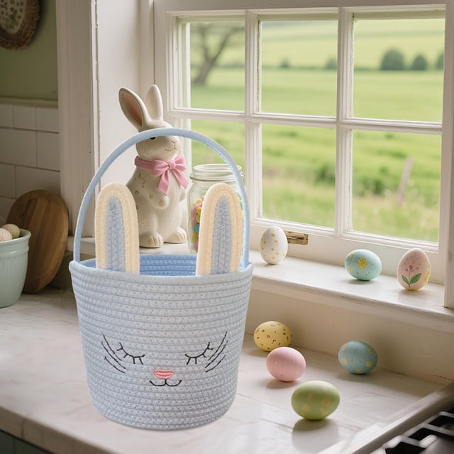 twisto Easter Woven Basket Bunny Ear Decorative Multipurpose Candy Storage Basket with Handle Soft Rope Material Portable Organizer Suitable for Easter Celebrations Family Gatherings Gift Blue