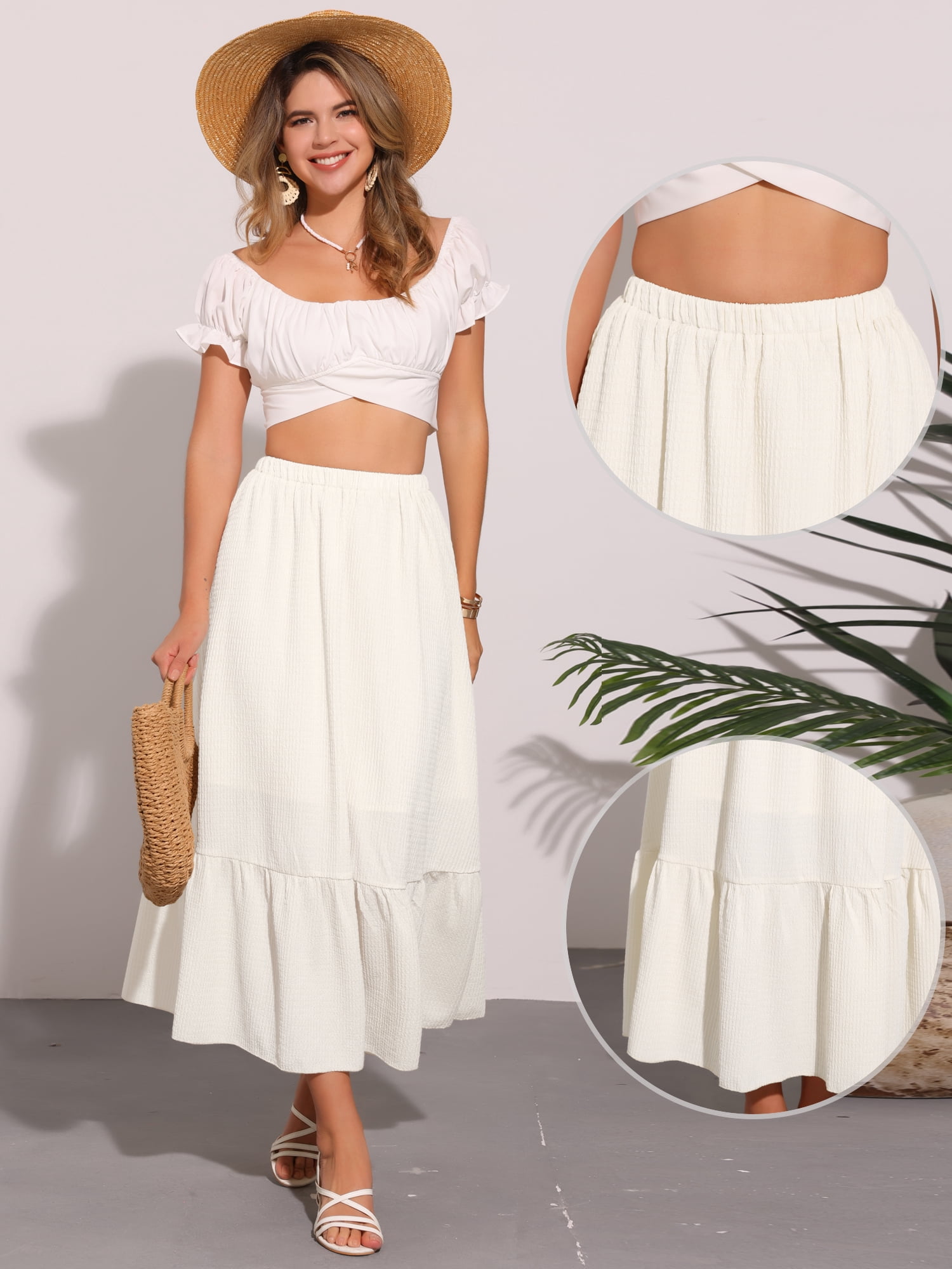 DARING DIVA Women's Elastic High Waist Flowy Tiered A-Line Summer Maxi Skirt XL Beige
