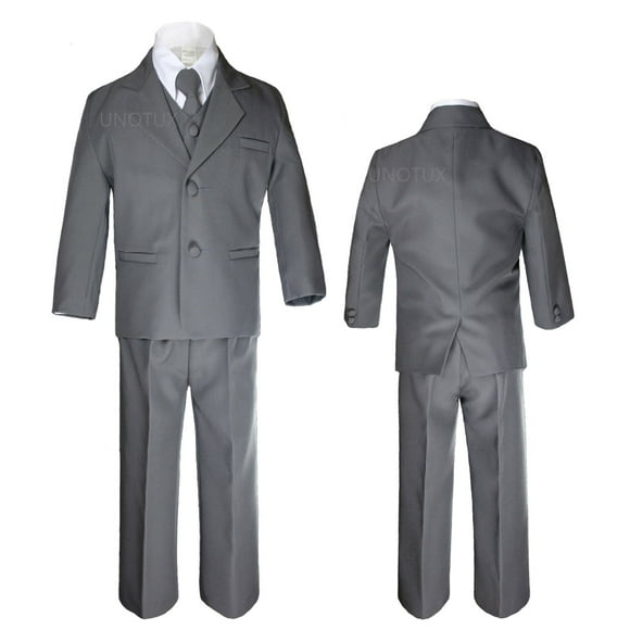 Boys Teens Party Formal Wedding Dark Gray Tuxedo 5pc Suits Set Size: 8 10 12-20