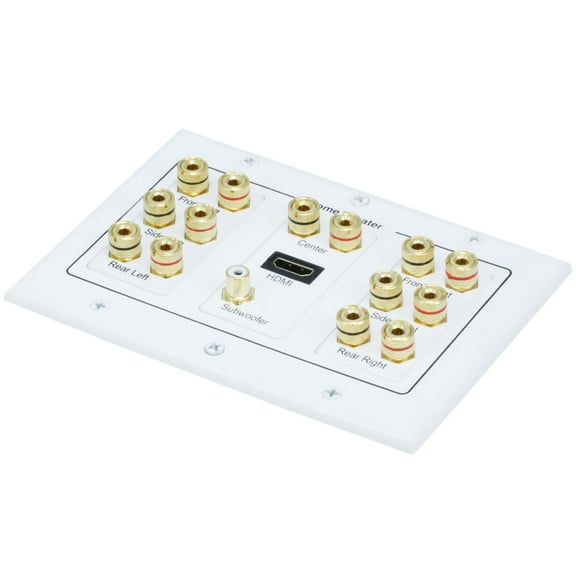 Monoprice 3-Gang 7.1 Surround Sound Distribution Wall Plate - White - With HDMI, For Home Theater, Speaker Wire And More