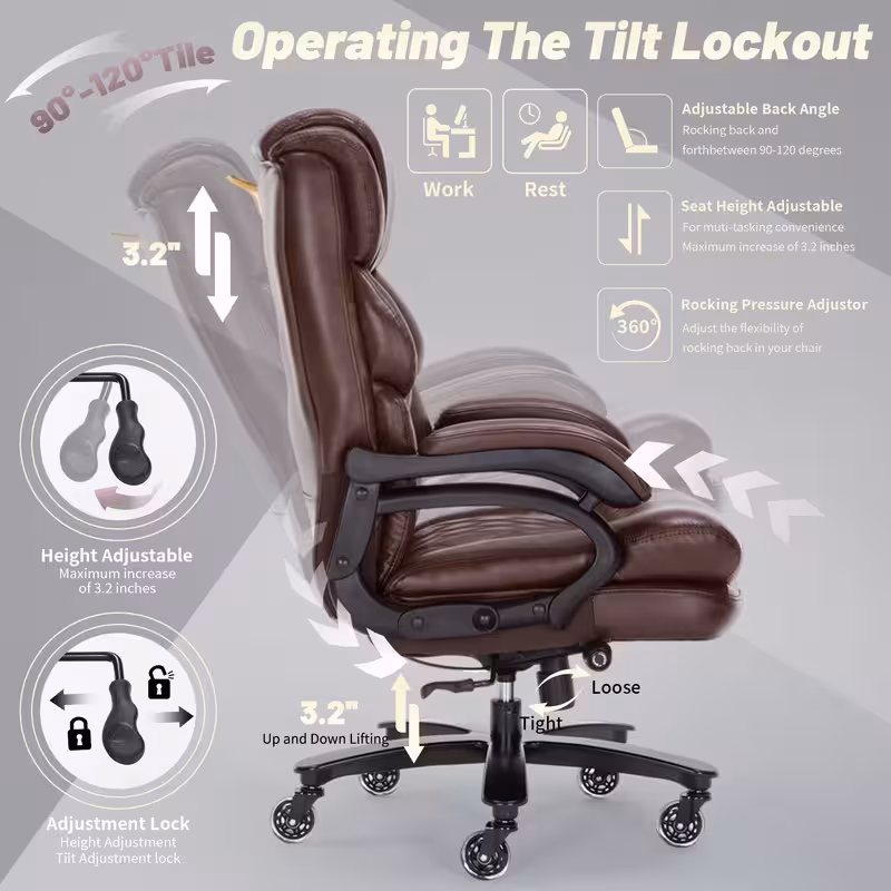 thumbnail image 6 of Qusaphy 800LBS Big and Tall Executive Office Chair, PU Leather Ergonomic Desk Chair with Adjustable Backrest and Thick Padded Cushion, Heavy Duty Chair for Home or Office Brown, 6 of 8