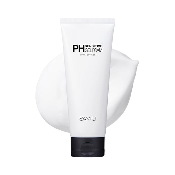 Limpiador en espuma de gel sensible al pH SAM'U | Jabón facial hidratante coreano con ácido hialurónico y centella | Limpiador facial suave para piel seca y sensible (5.07 Fl. Oz.)