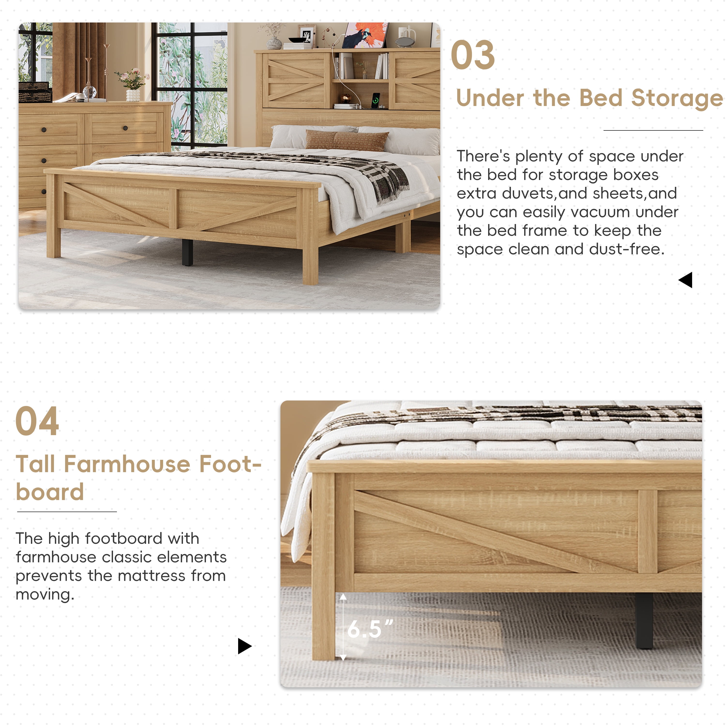 Mintazer 3-Piece Farmhouse Bedroom Set with Nightstand & 6-Drawer Dresser, Queen Platform Bed with Storage Headboard, Natural