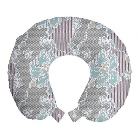 Floral Travel Pillow Neck Rest, Abstract Design Lace Background Victorian Inspired Image Vintage Soft Colors, Memory Foam Traveling Accessory Airplane and Car, 12", Grey Seafoam Tan, by Ambesonne