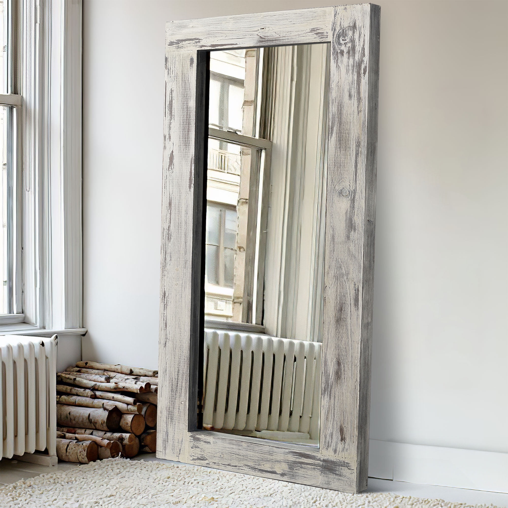 71"x32" Modern Rectangle Wood Full Length Mirror Floor Mirror without Bracket,Weathered White